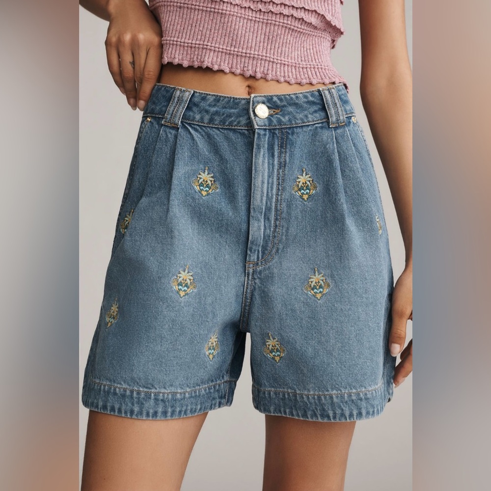FARM RIO Embroidered Palm Tree Denim Shorts